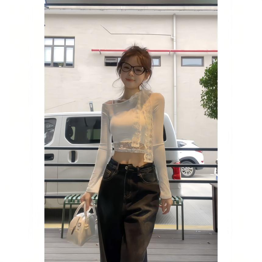 Long-Sleeve Asymmetrical Neck Cold-Shoulder Plain Lace Panel Crop Slim Fit Tee Product Image