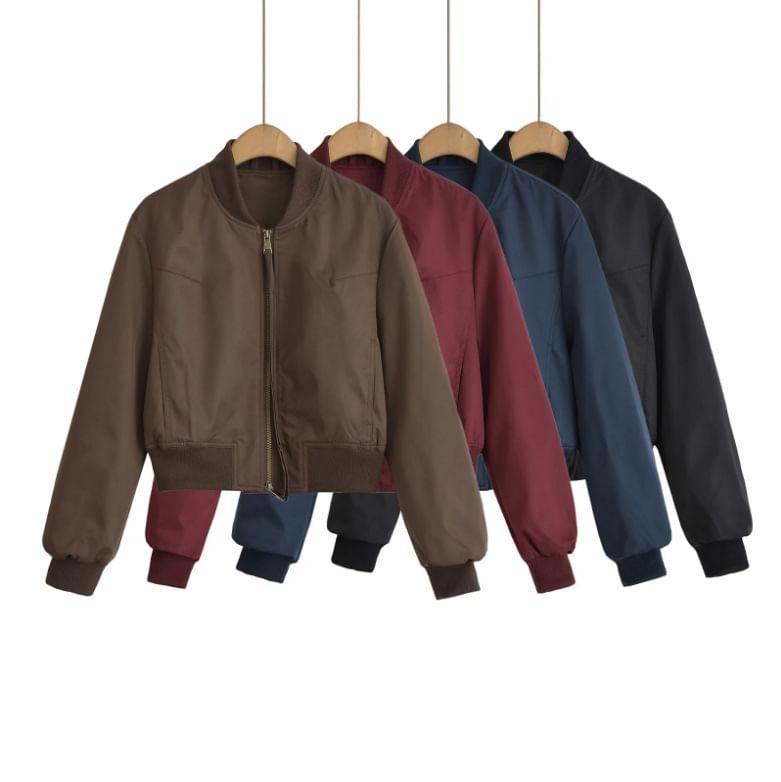 Plain Zip-Up Crop Bomber Jacket Product Image