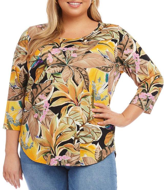 Karen Kane Plus Size Tropical Floral Print Knit Scoop Neck 3/4 Sleeve Shirttail Hem Top Product Image