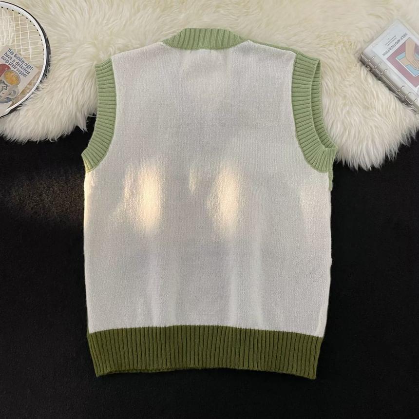 V-Neck Color Block Panel Sweater Vest Product Image