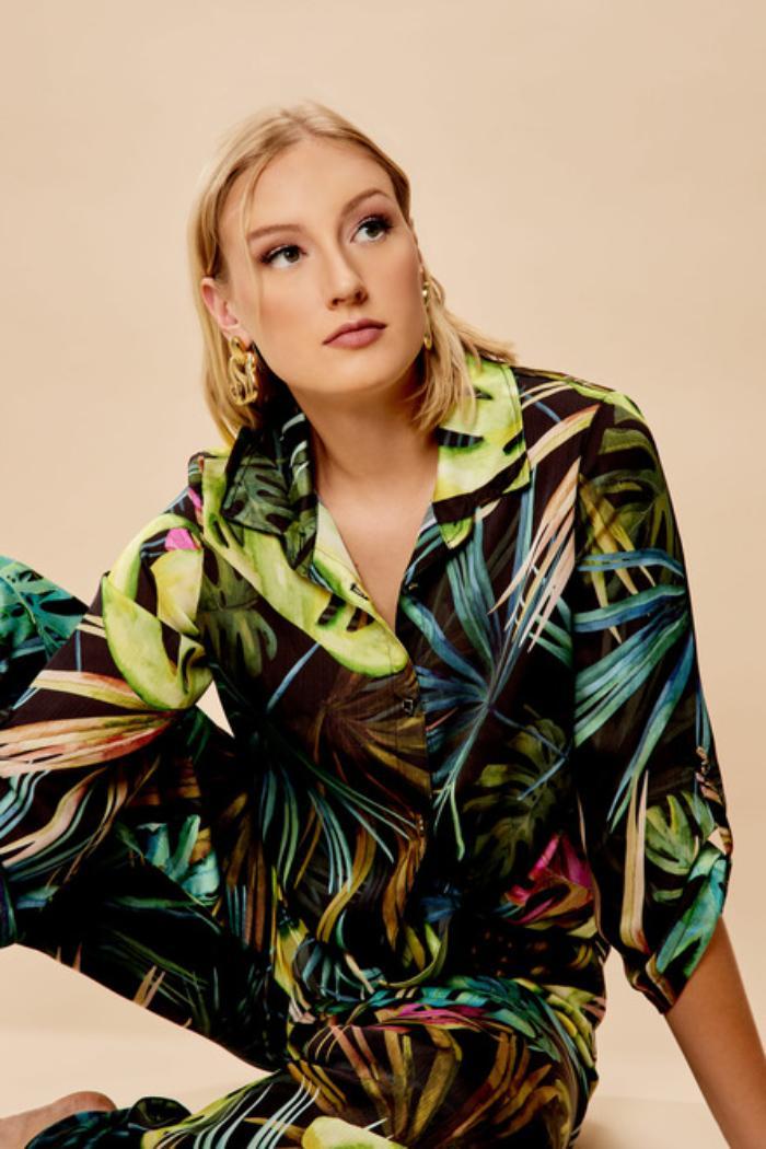 Green/Black Tropical Print Blouse Product Image