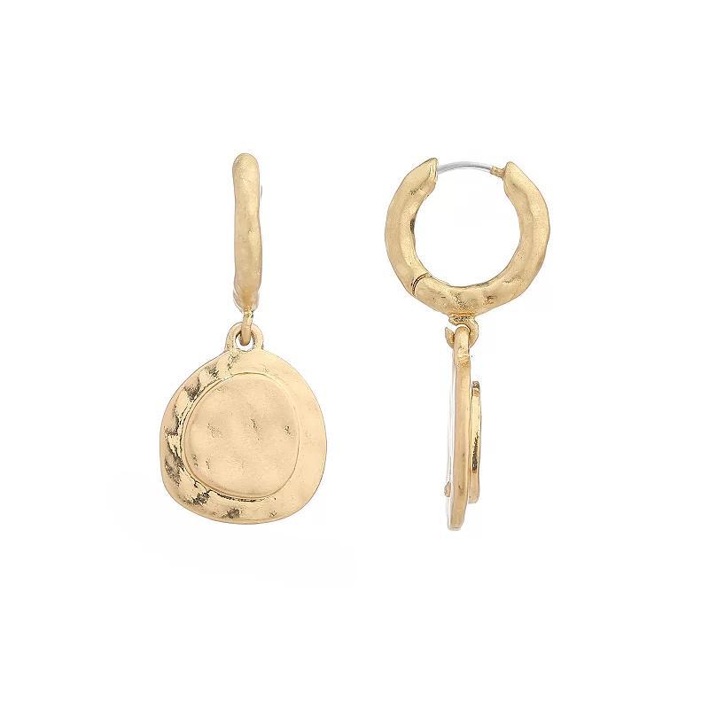 Bella Uno Worn Gold Hammered Disc Charm Hoop Earrings, Womens, Gold Tone Product Image