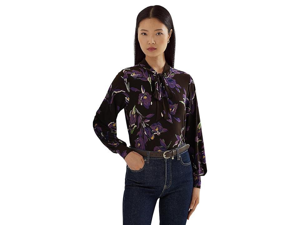 Lauren Ralph Lauren Floral Stretch Jersey Tie-Neck Top Purple/Multi) Women's Clothing Product Image