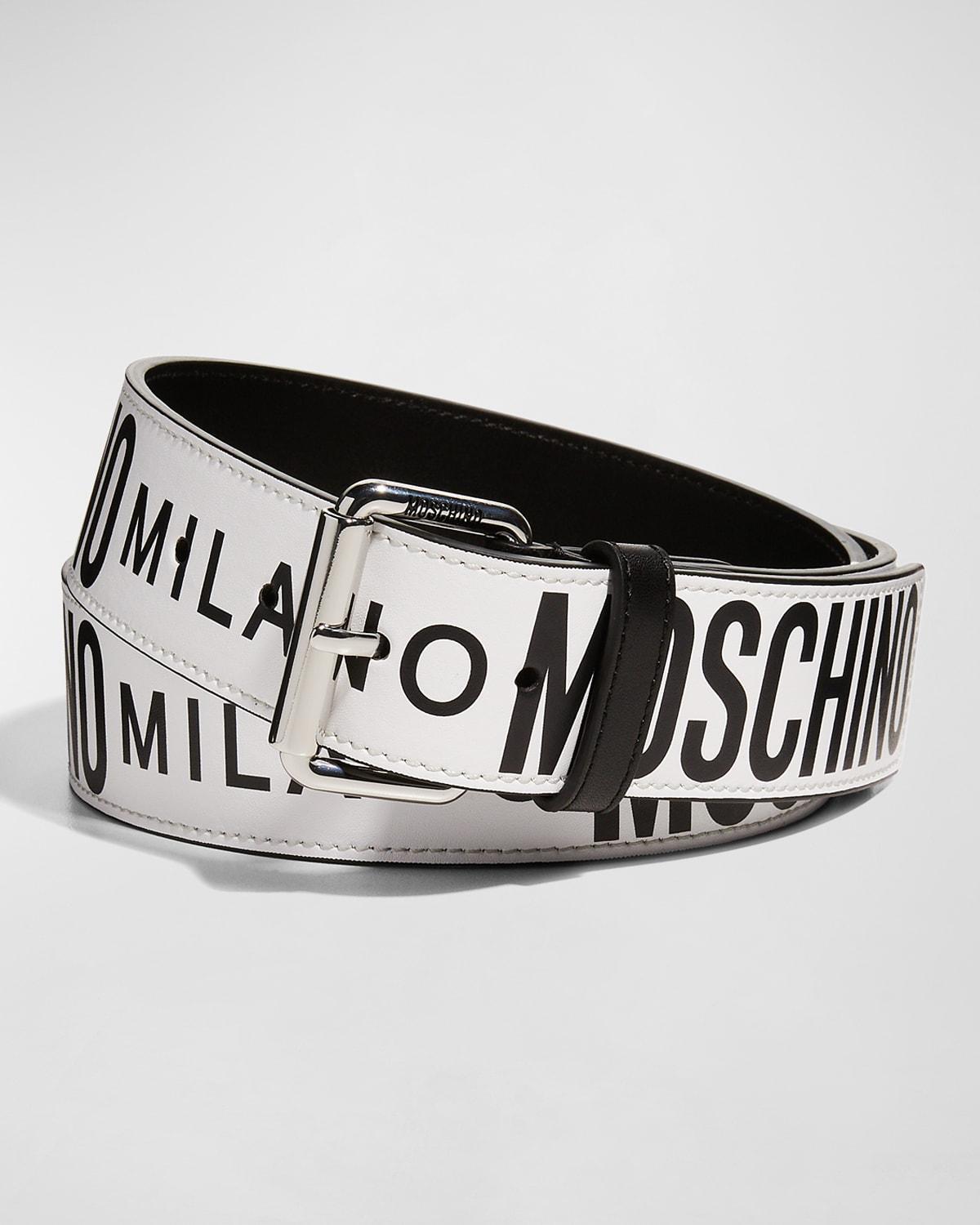 Moschino Men's Two-Tone Allover Logo Leather Belt  - WHITE MULTI - Size: 44in / 110cm Product Image