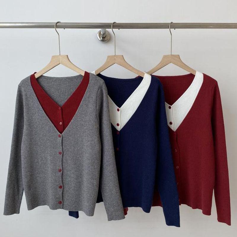 Mock Two-Piece V-Neck Two Tone Cardigan Product Image