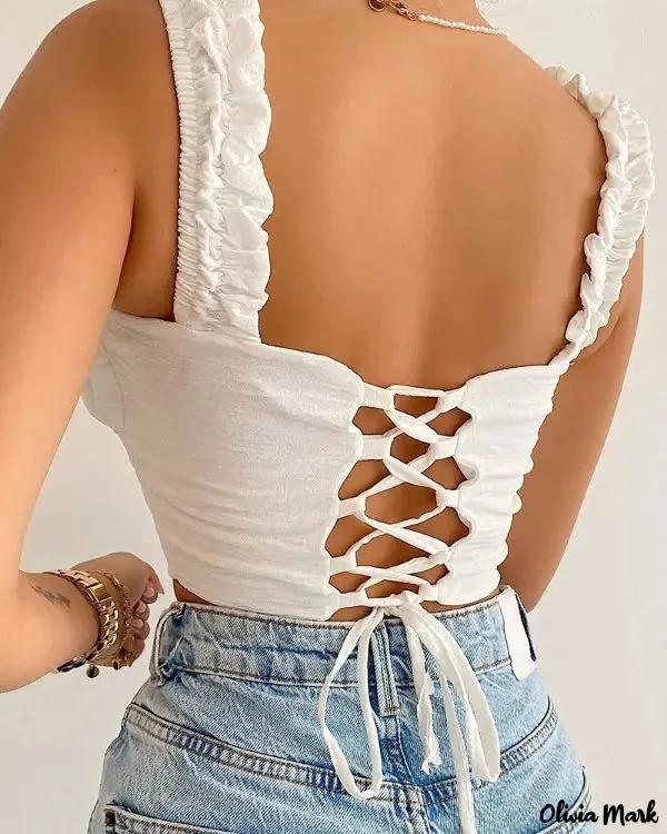 Olivia Mark – Lace-Up Ruched Halter Tank Top Product Image