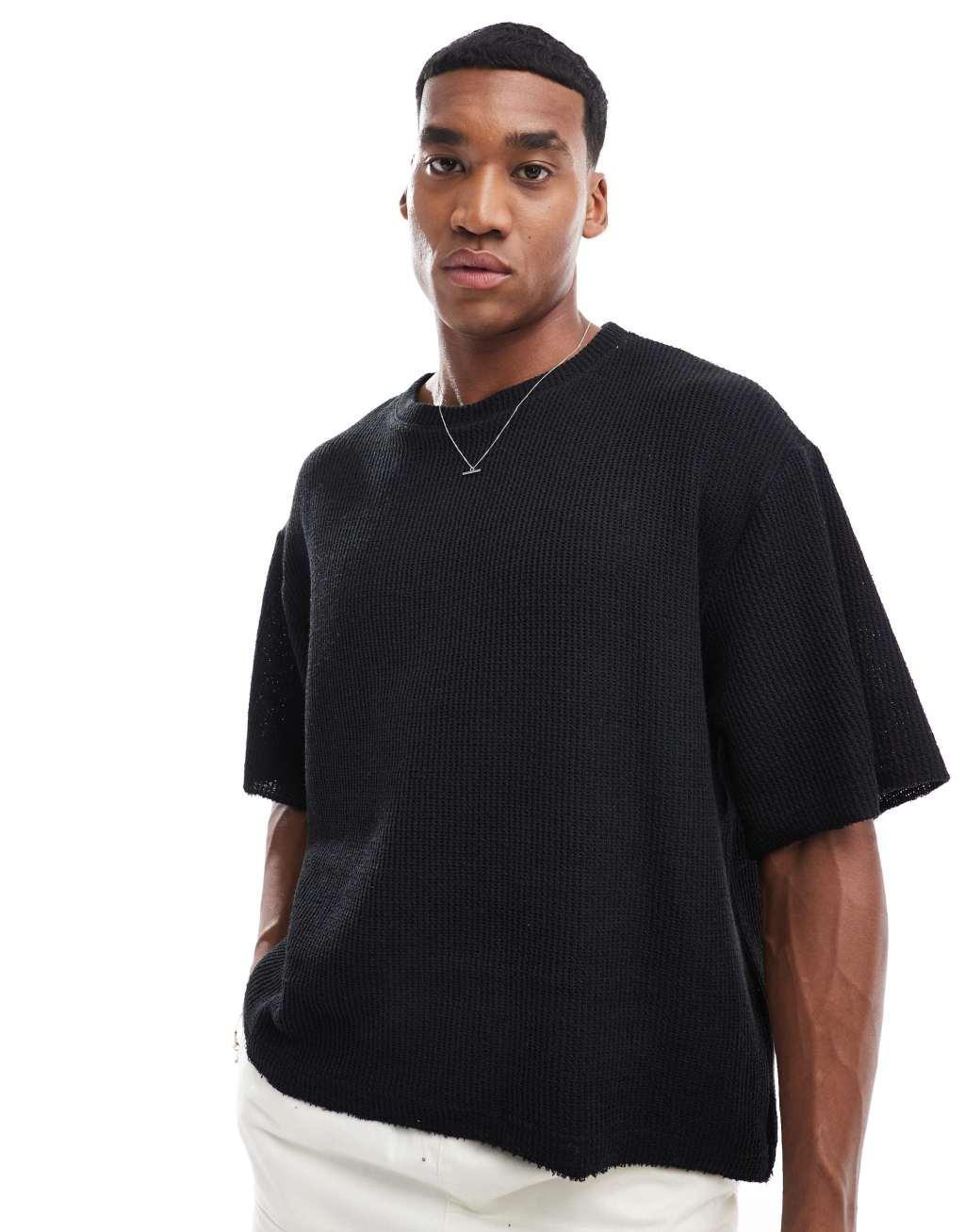 Pull&Bear ribbed knit T-shirt in black product image