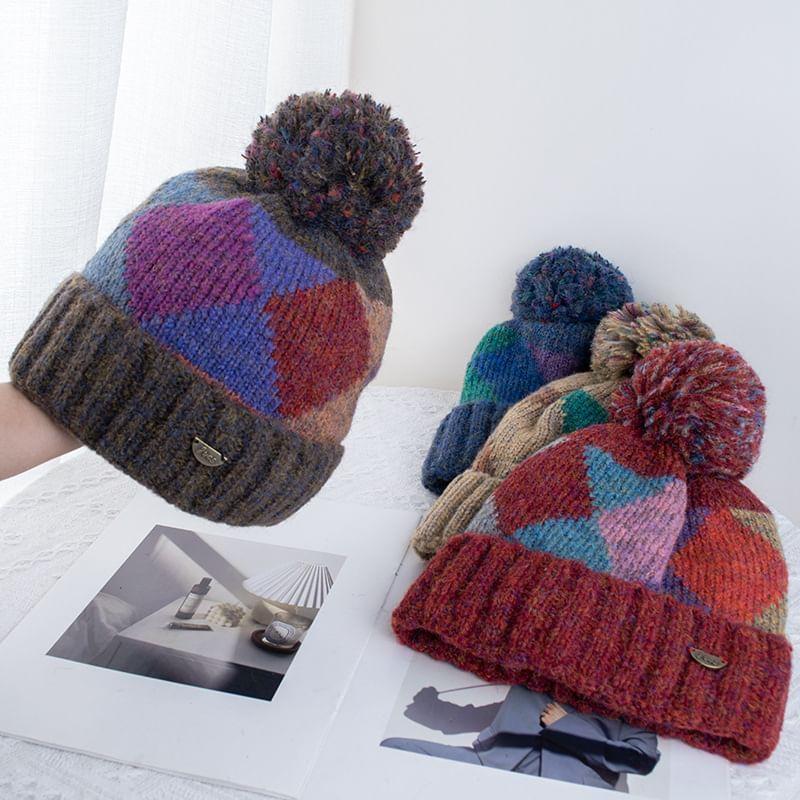 Argyle Pom Pom Knit Beanie Product Image