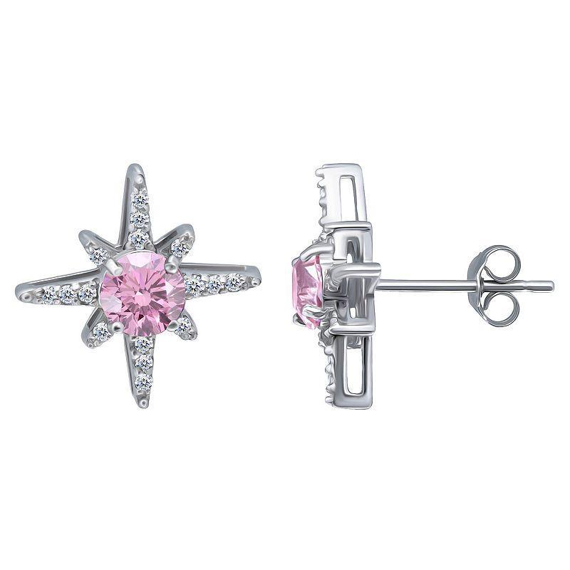 Aleure Precioso Sterling Silver Clear & Pink Cubic Zirconia Star Stud Earrings, Womens, Silver Tone Pink Product Image