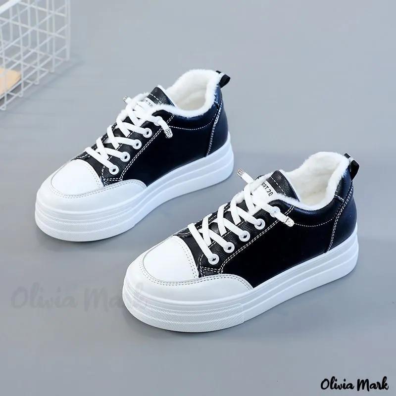 Olivia Mark – Fleece-Lined White Sneakers with Increased Insole and Thick Sole for Winter Product Image