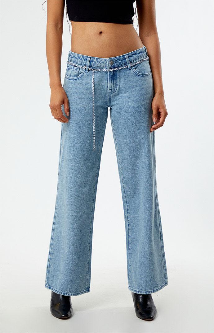 PacSun Womens Eco Light Indigo Chain Belt Low Rise Wide Leg Jeans Product Image