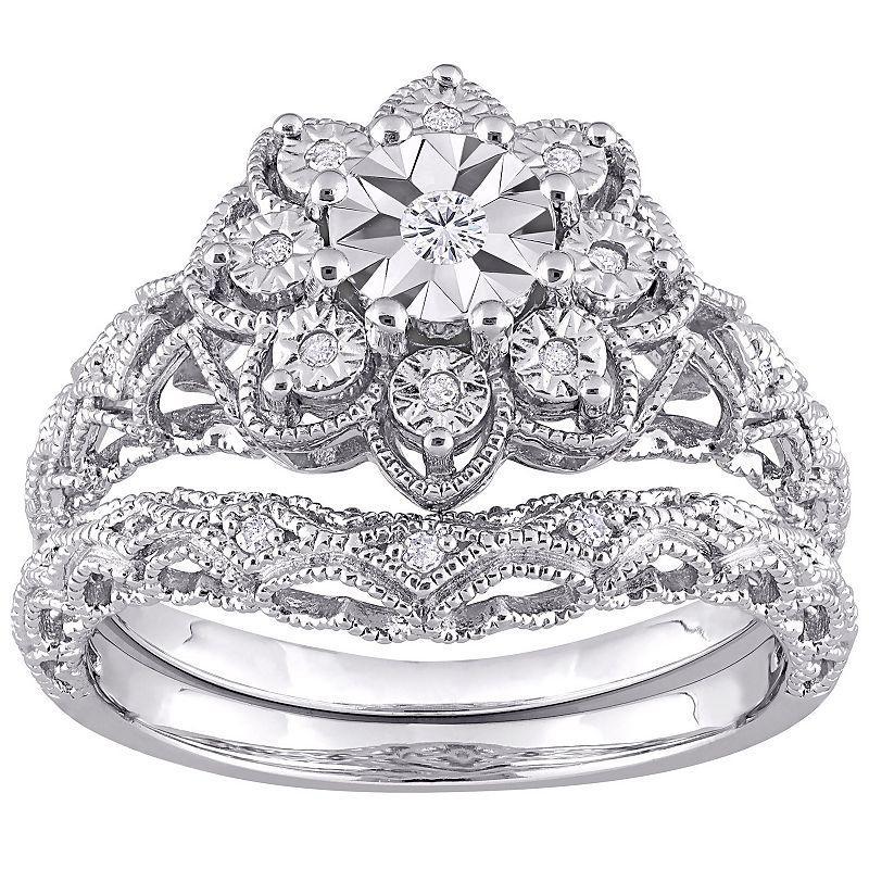 Stella Grace Sterling Silver 1/10 Carat T.W. Diamond Vintage Engagement Ring Set, Womens White Product Image