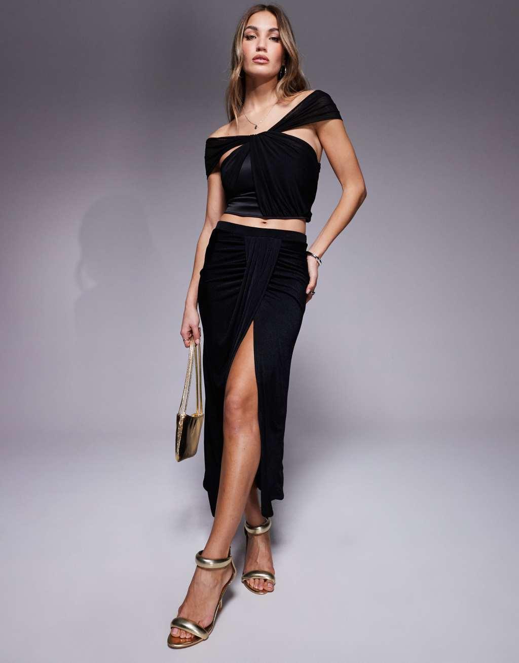 ASOS DESIGN one shoulder drape mesh and satin mix top Product Image