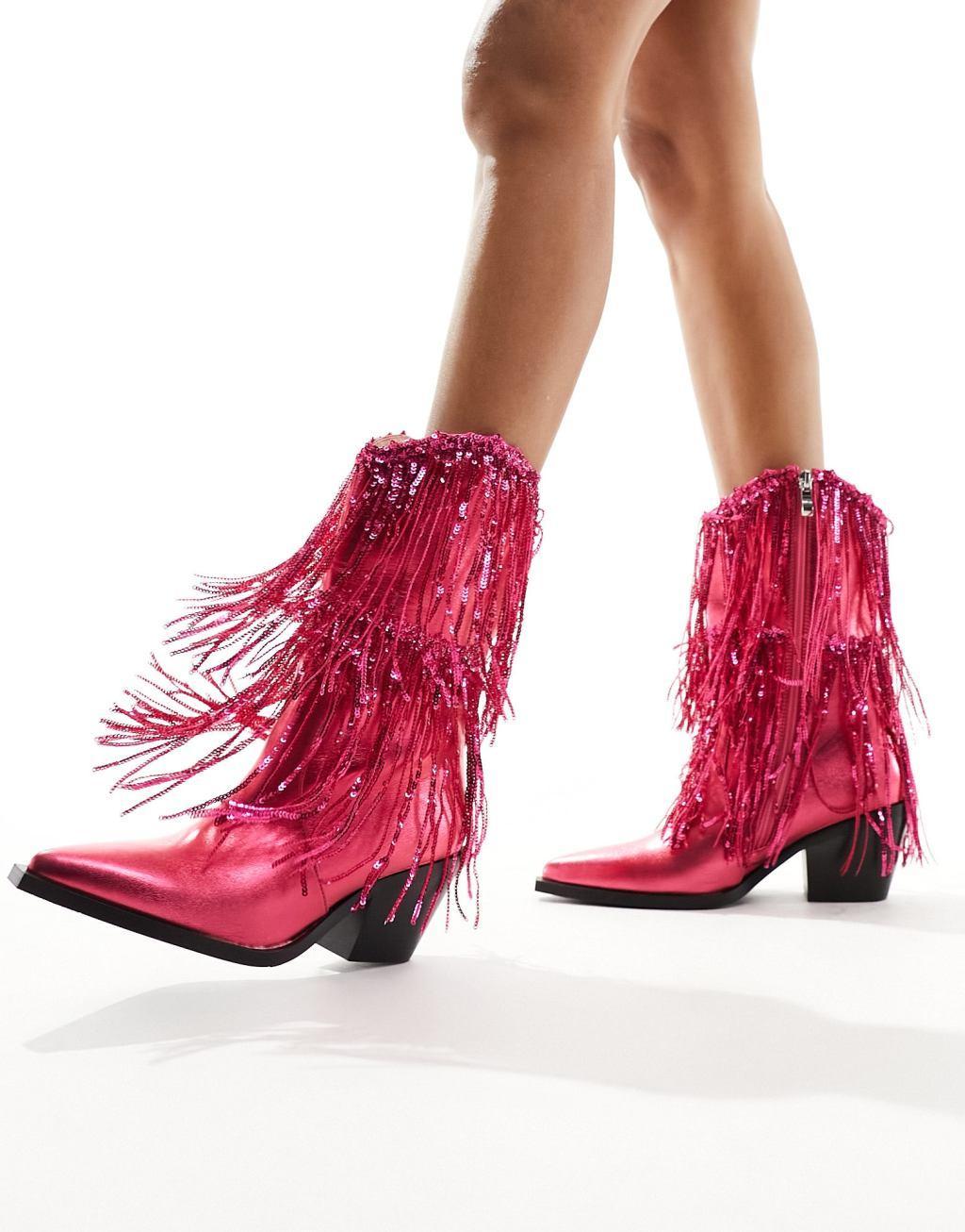 Azalea Wang Ranger tasseled western boots in fuschia Product Image