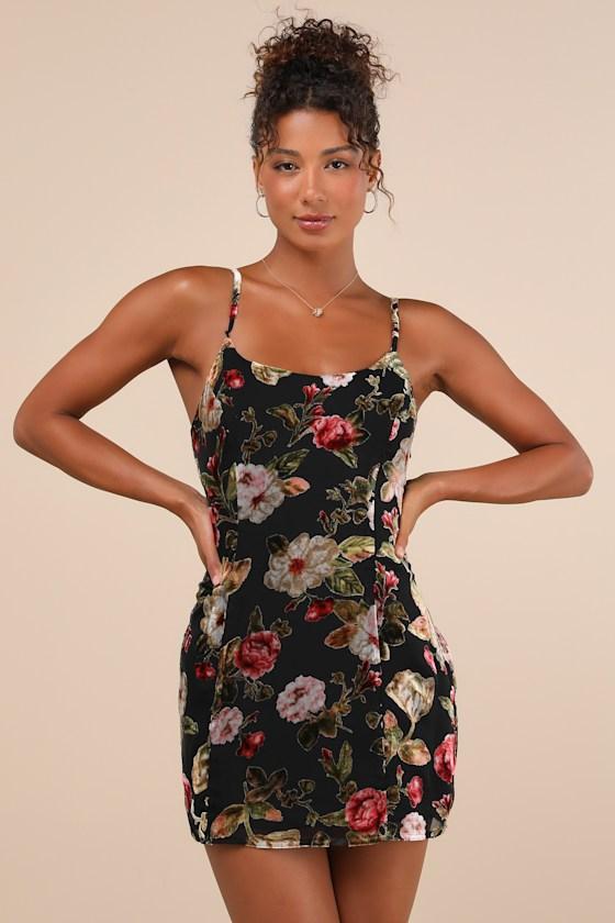 Dramatic Sweetness Black Floral Velvet Burnout Mini Dress Product Image