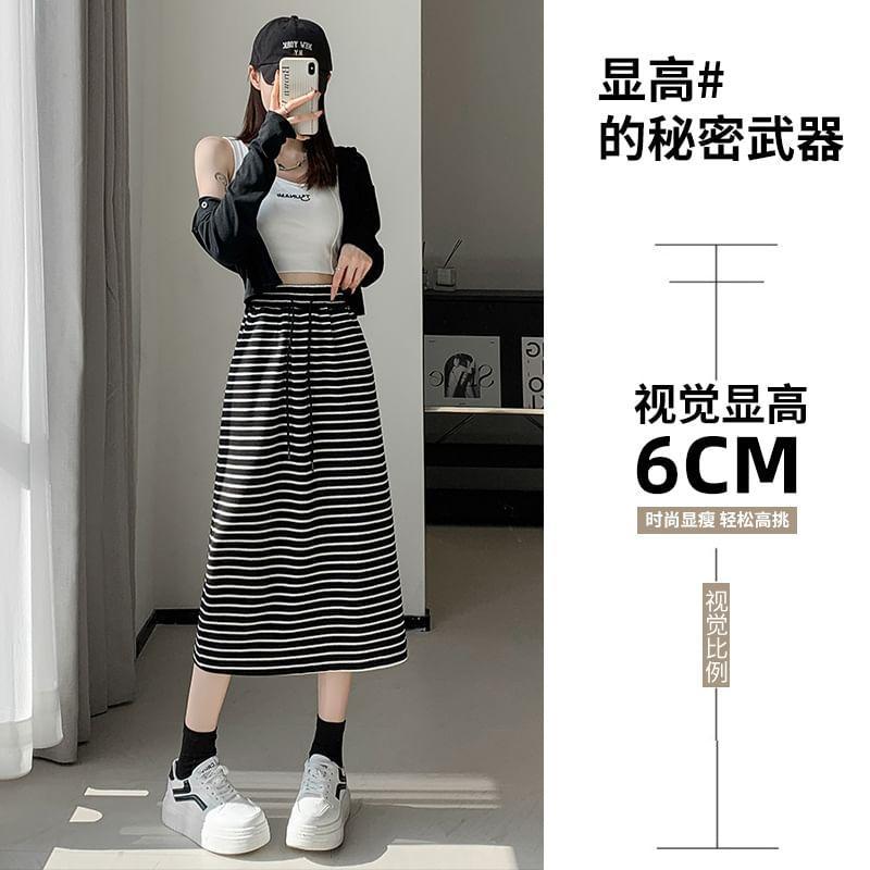 Drawstring Waist Striped Midi Straight Skirt Product Image