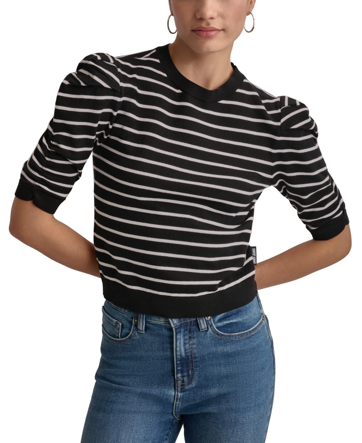 Women's Striped Ruched-Sleeve Crewneck Top Product Image