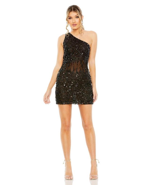 Womens One Shoulder Sheer Hand Beaded Mini Dress Product Image