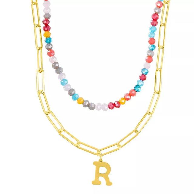 Adornia Gold Tone Adjustable Layered Color Simulated Stone Beads & Paperclip Chain Initial Necklace, Womens Gold Tone R Product Image