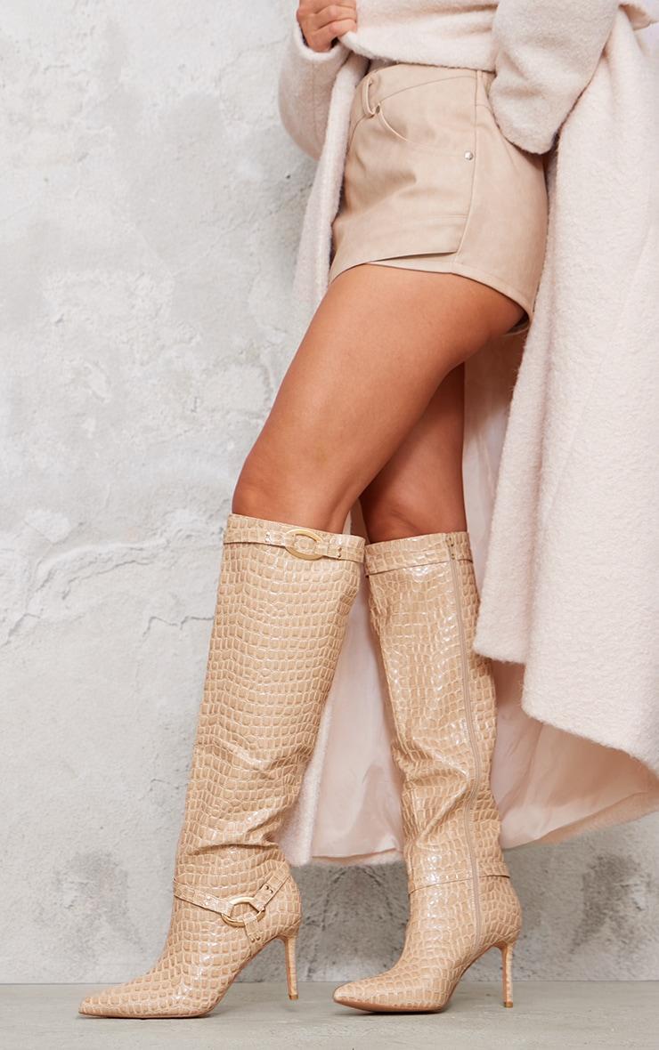 Cream Croc PU Point Toe Ring Detail Knee High Heeled Boots product image