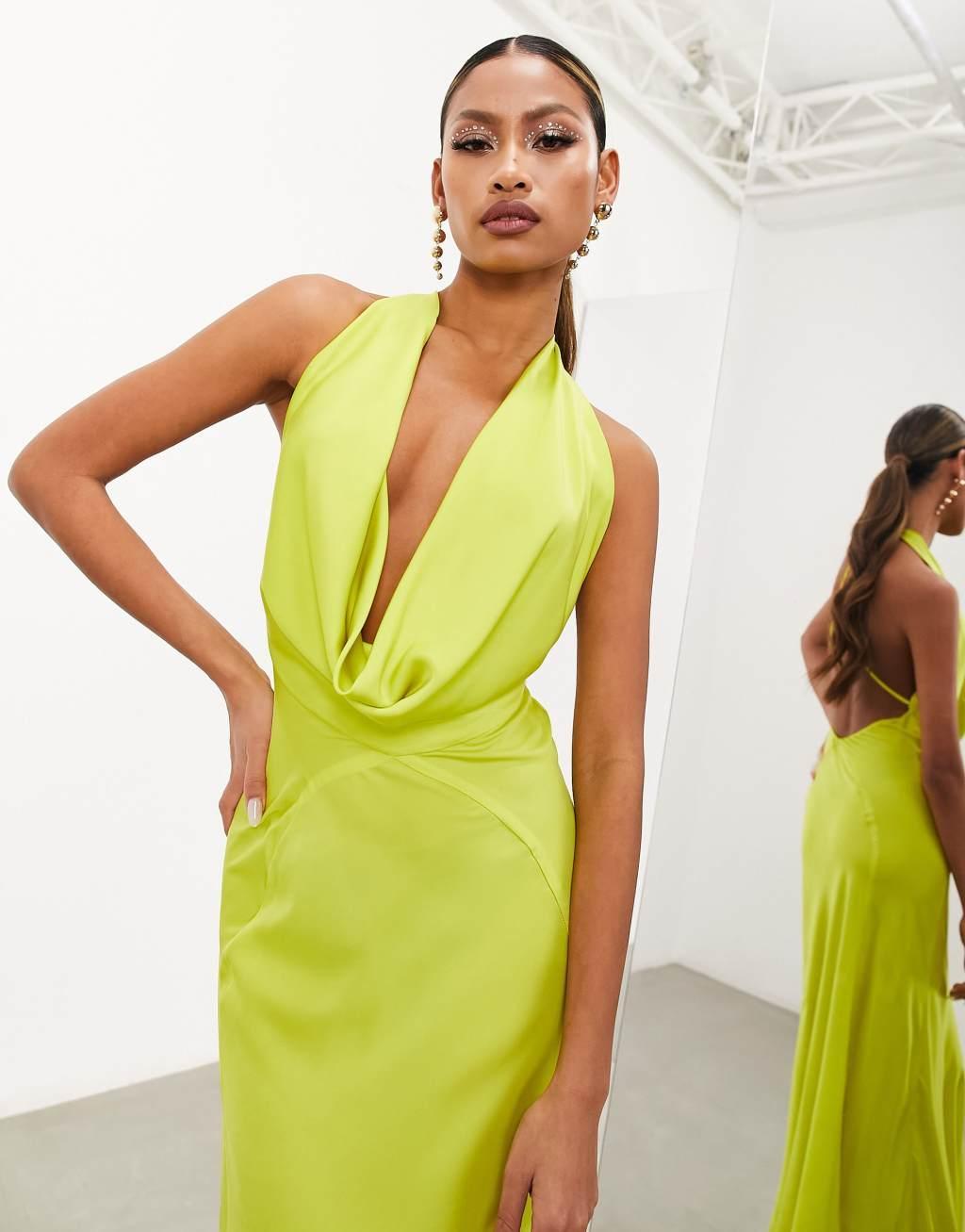 ASOS EDITION satin statement cowl neck maxi dress in lime green Product Image