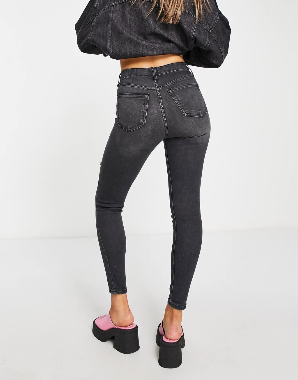 Topshop Jamie jeans with thigh rip in washed black  Product Image