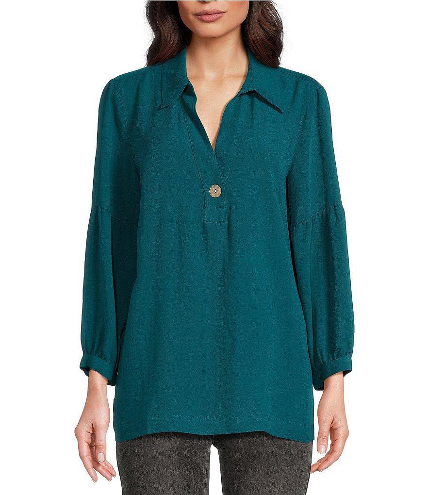 John Mark Woven Point Collar Neck 3/4 Sleeve Single Button Pullover Tunic Product Image