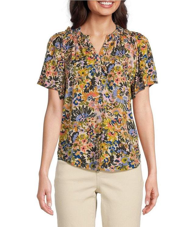 Democracy Floral Print Ruffled Trim Notch Neck Short Bell Sleeve Top Product Image