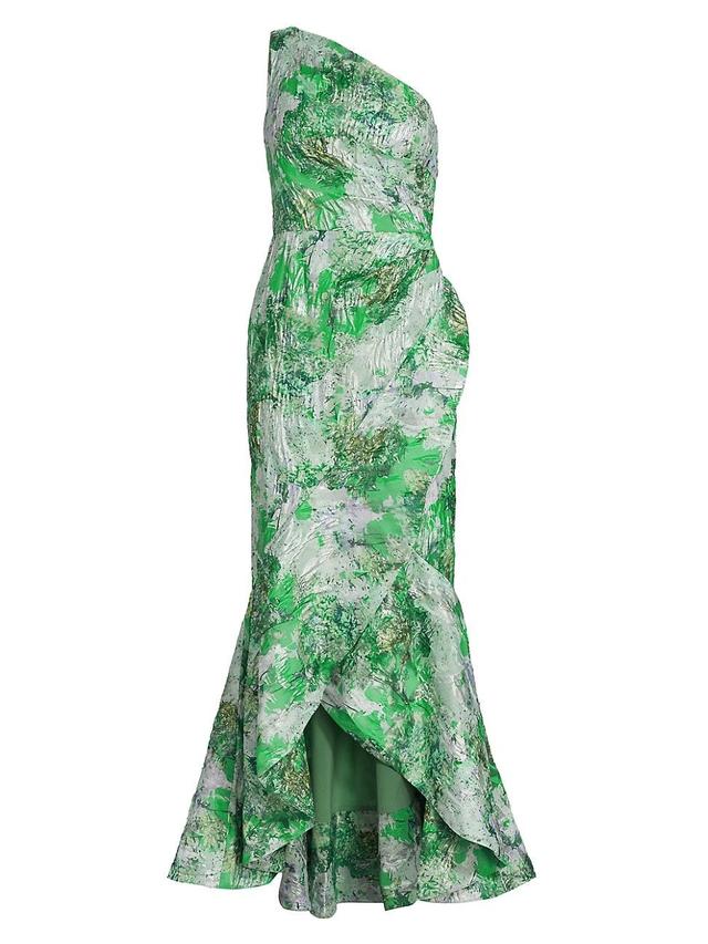 Womens Puckered Jacquard One-Shoulder Column Gown Product Image