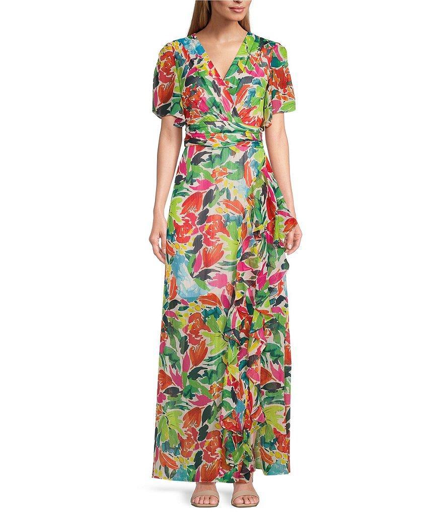 Ignite Evenings Short Sleeve V-Neck Cascade Ruffle Printed Ruched Waist A-Line Maxi Dress Product Image