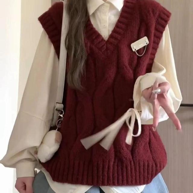 Long-Sleeve Collared Plain Blouse / V-Neck Metal Accent Cable Knit Sweater Vest / Set Product Image