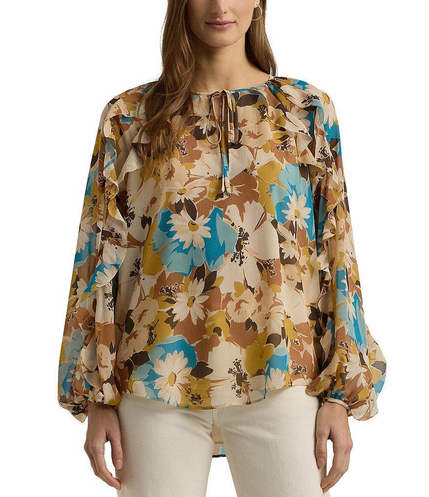 Lauren Ralph Lauren Petite Size Maygia Floral Crinkle Georgette Tie-Neck Blouse Product Image