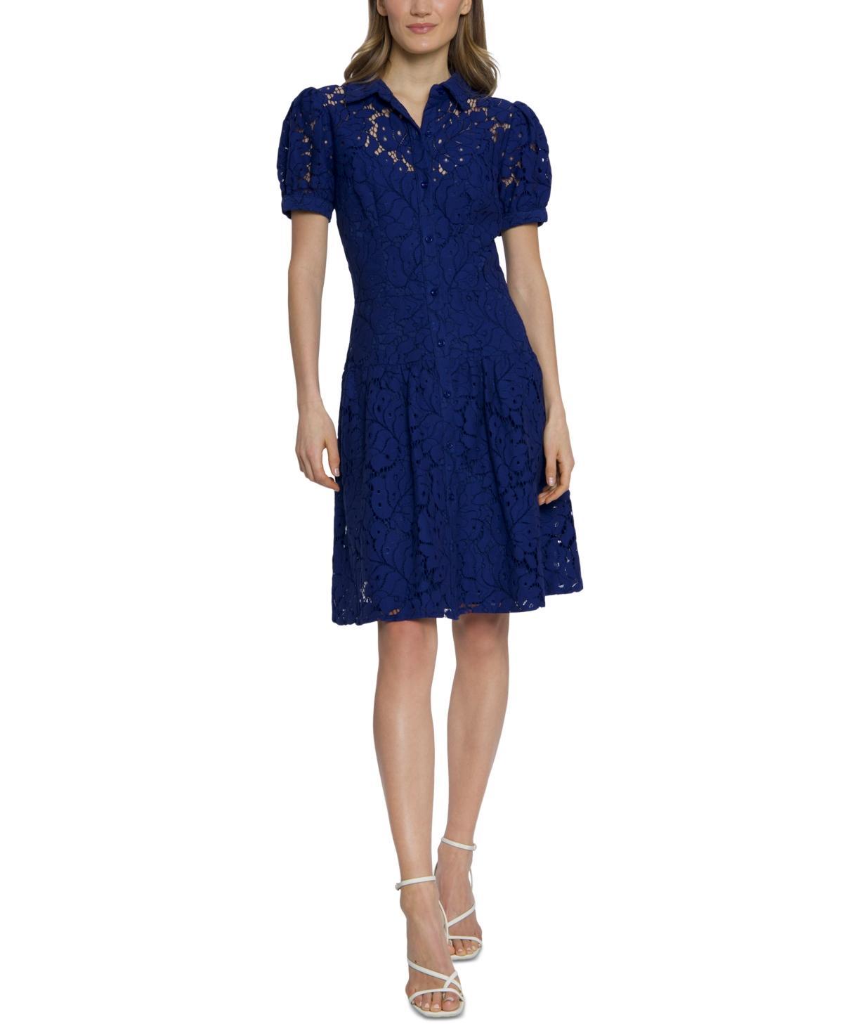 Maggy London Womens Floral-Lace Puff-Sleeve Shirtdress Product Image