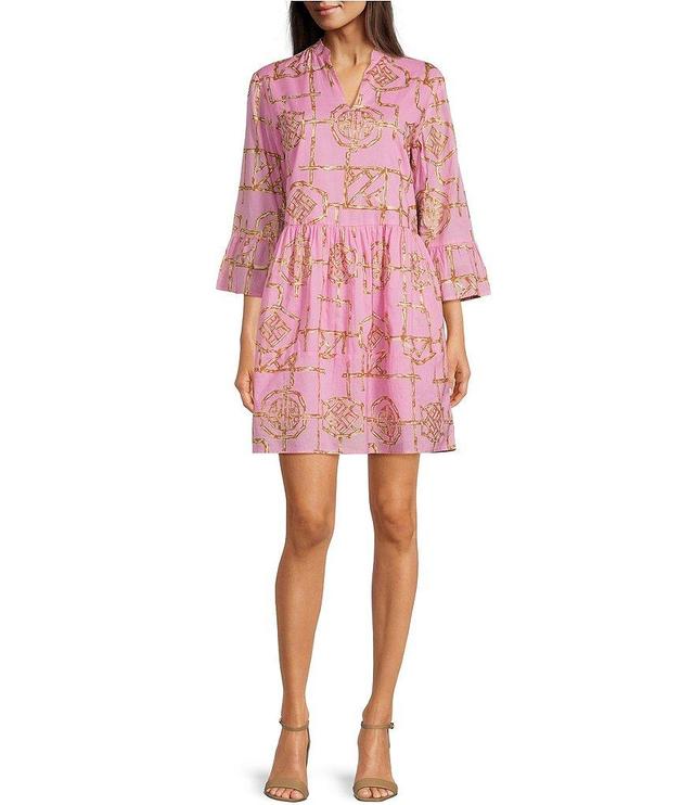 Jude Connally Faith Bamboo Lattice Print Cotton Voile Banded Collar 3/4 Bell Sleeve A-Line Dress Product Image