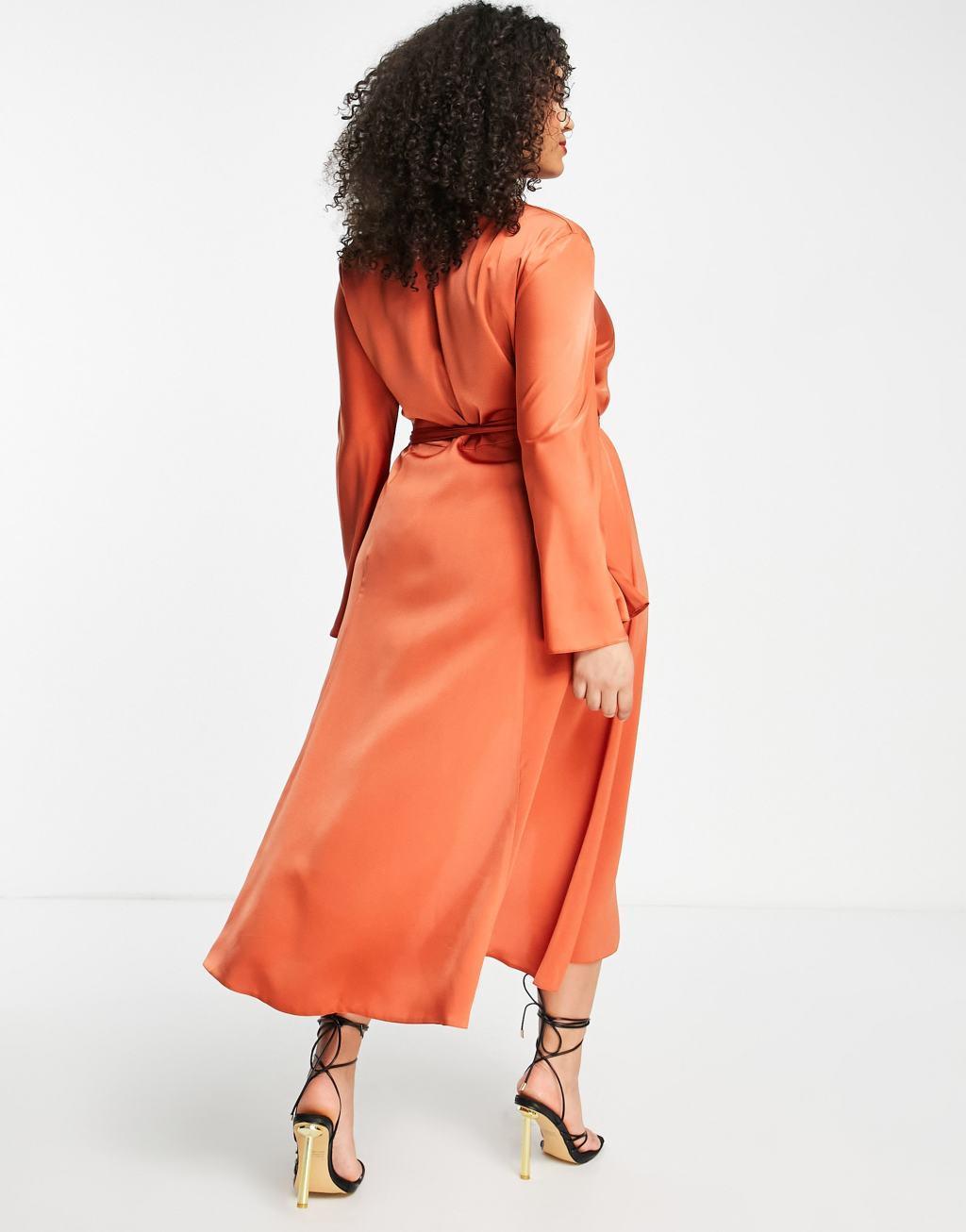 ASOS DESIGN Curve bias cut satin wrap dress with tie waist in ginger Product Image