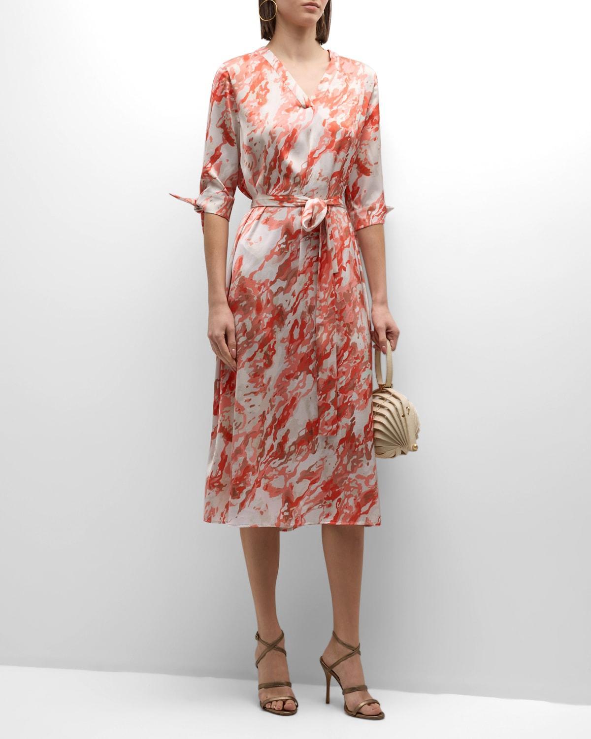 Abstract-Print Belted Crepe De Chine Midi Dress Product Image