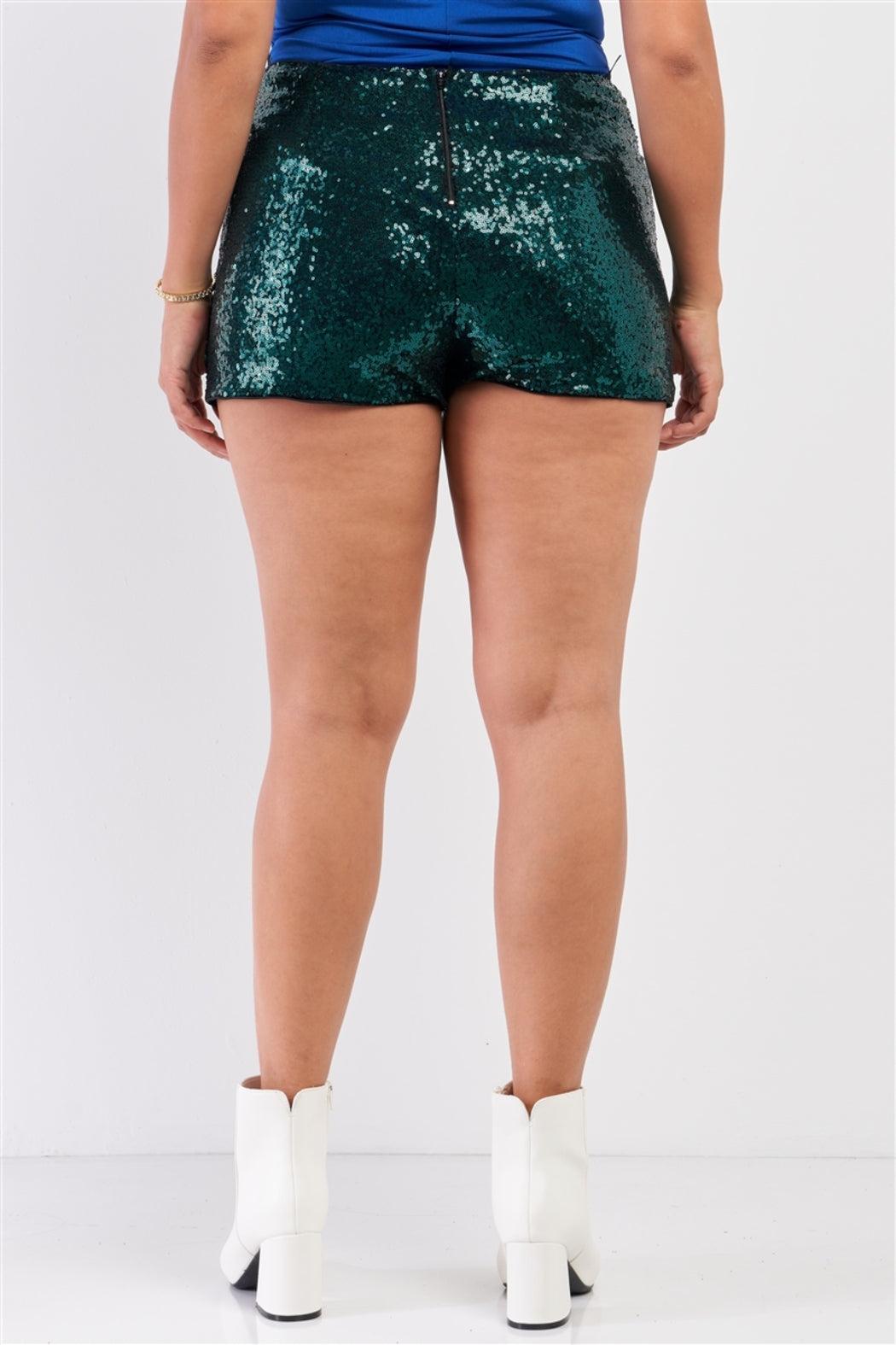 Plus Size Shiny Sequin High Waisted Mini Shorts Product Image