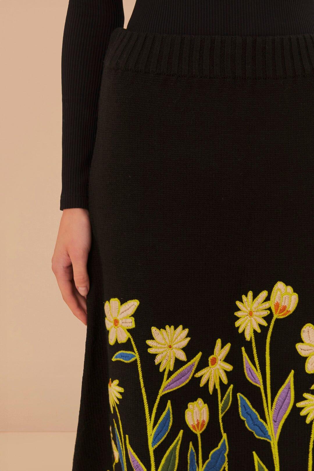 Black Farm Rio Flowers Embroidered Knit Skirt Product Image