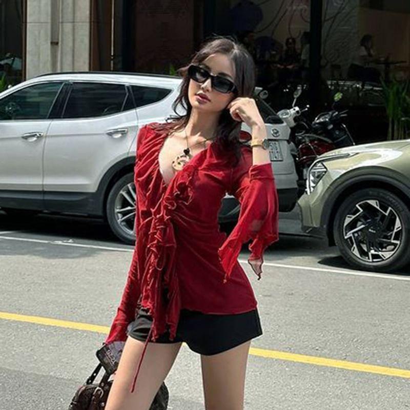 Long-Sleeve Ruffle Trim Mesh Slim Fit Top Product Image