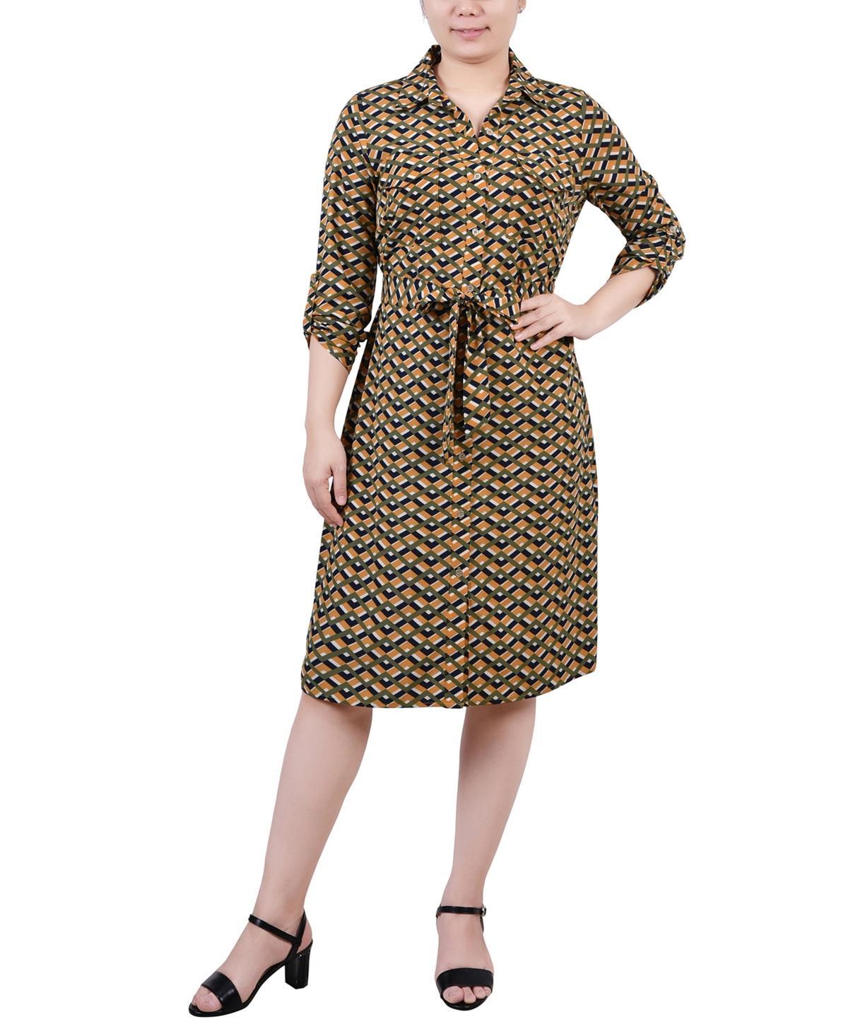 Ny Collection Petite Geometric Printed Long Sleeve Roll Tab Shirtdress Product Image