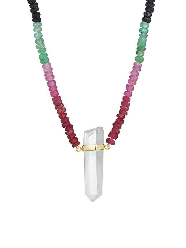 Womens Arizona 14K Yellow Gold, Dark Rainbow Sapphire & Crystal Quartz Pendant Beaded Necklace Product Image