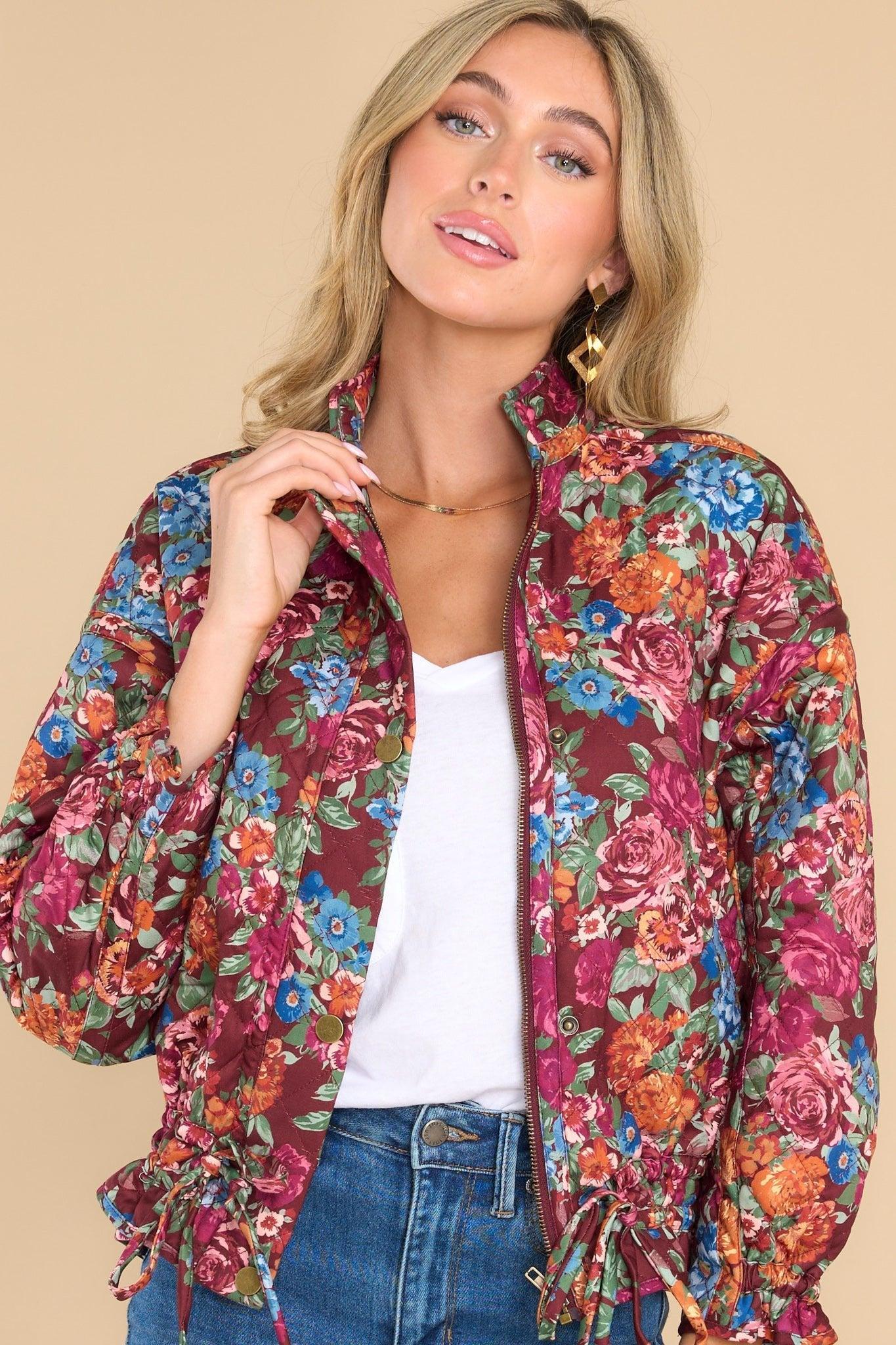 Aura Blooming Hope Cranberry Multi Floral Print Jacket Product Image