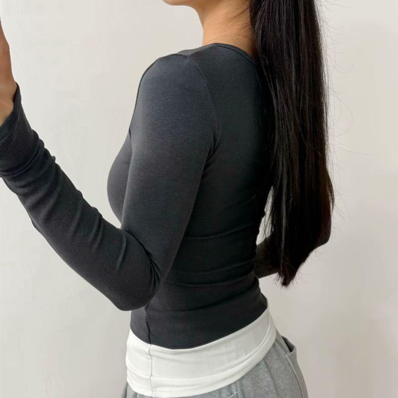 Mock Two-Piece Long-Sleeve Two Tone Knit Top Product Image