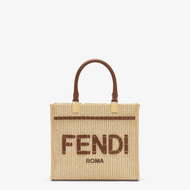 Fendi Sunshine SmallNatural raffia and brown leather shopper Product Image