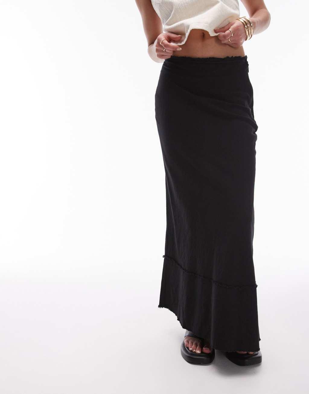 Topshop linen look raw edge trim bias maxi skirt in black product image