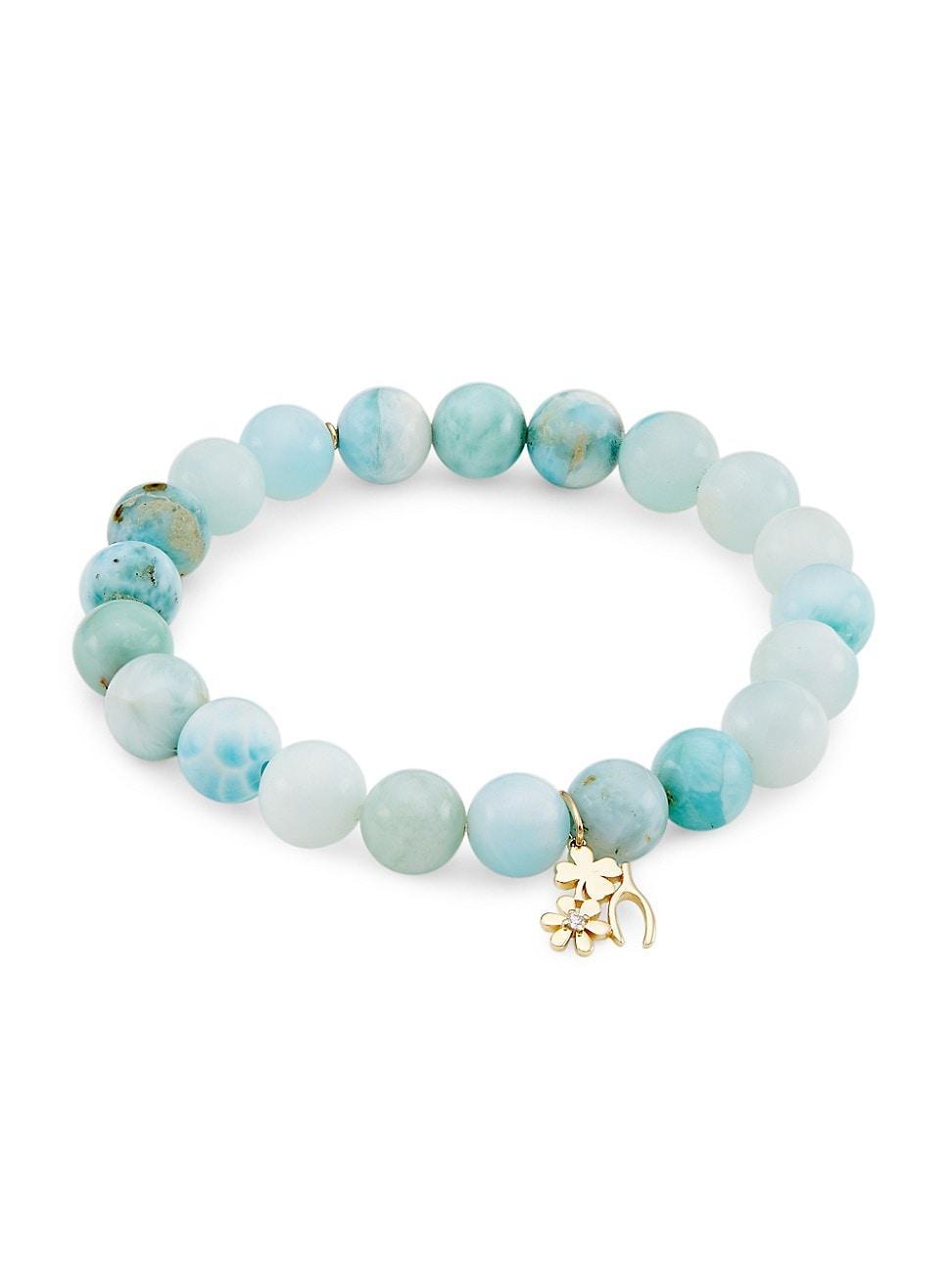 Womens 14K Yellow Gold, Larimar, & 0.02 TCW Diamond Beaded Stretch Bracelet Product Image