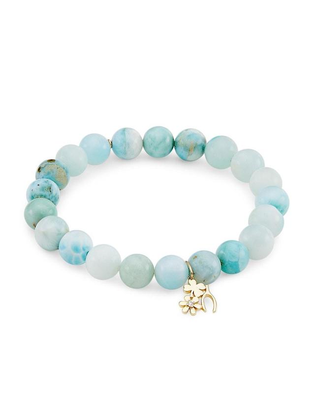 Womens 14K Yellow Gold, Larimar, & 0.02 TCW Diamond Beaded Stretch Bracelet Product Image