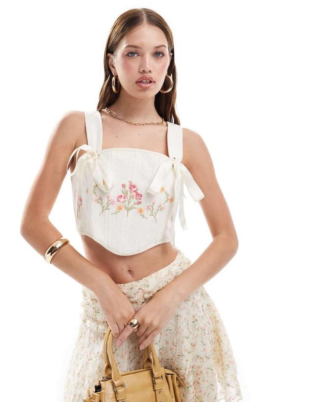 Miss Selfridge embroidered corset bow top in cream Product Image