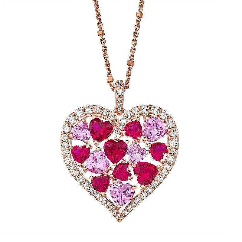 14k Rose Gold Over Silver Lab-Created Ruby & Pink Sapphire Heart Pendant Necklace, Womens Red Product Image