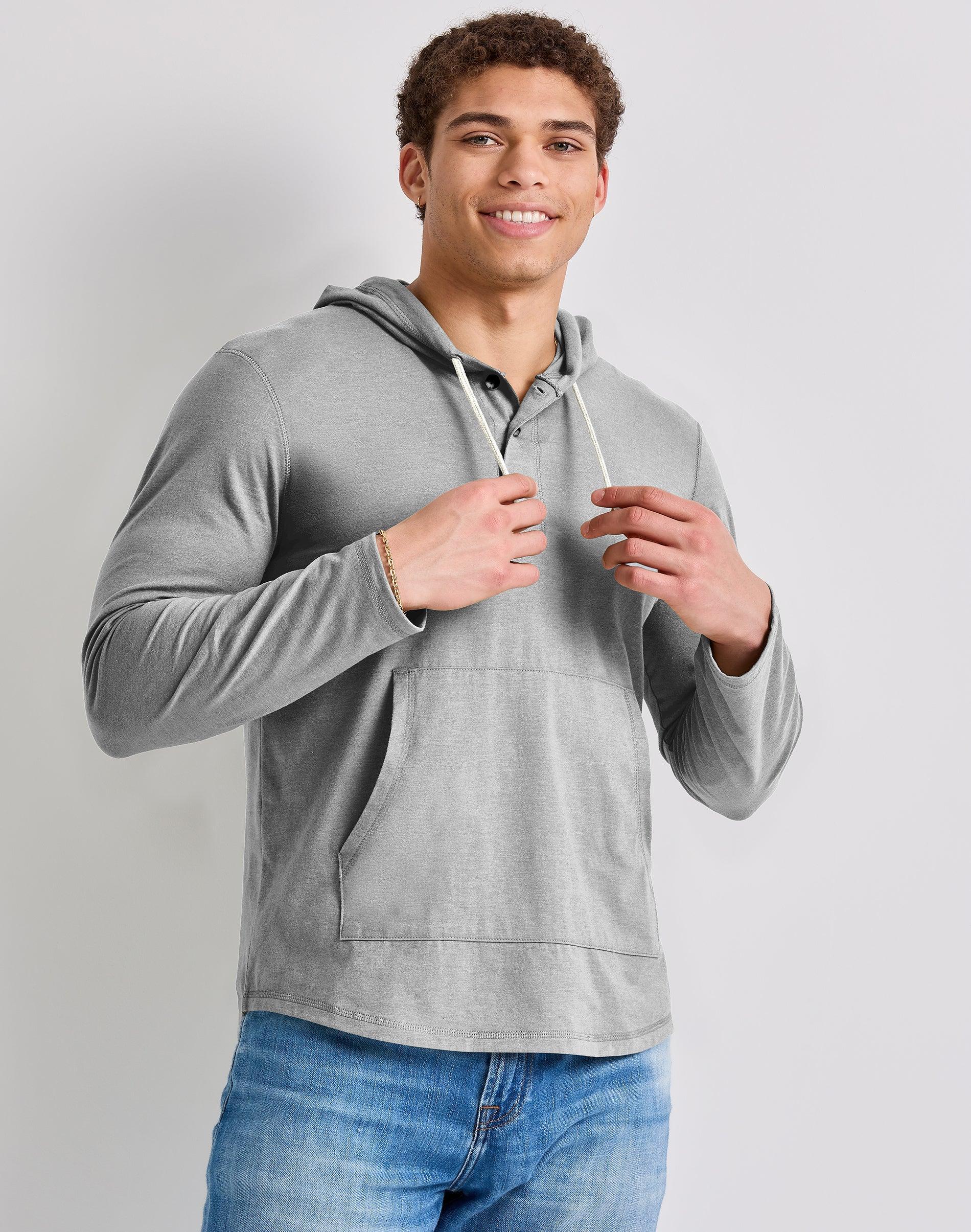 Mens Hanes Originals Cotton Henley Hoodie Light Silver Product Image